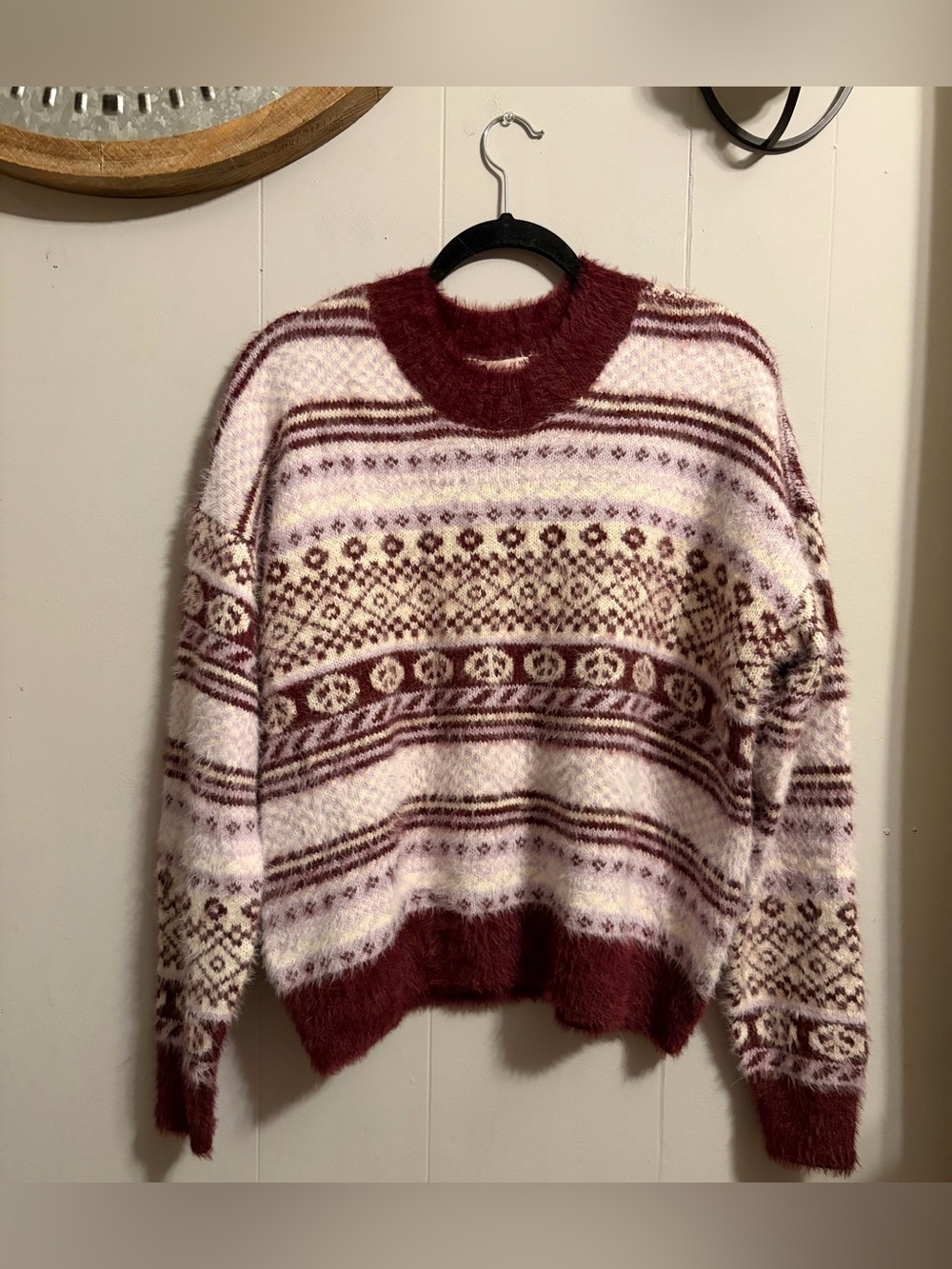 SO Maroon and Cream Fuzzy Fair Isle Crewneck Sweater